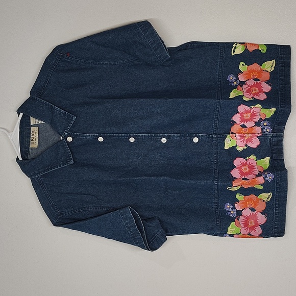 Erika Tops - Erika Collection Dark Blue Floral Denim Shirt